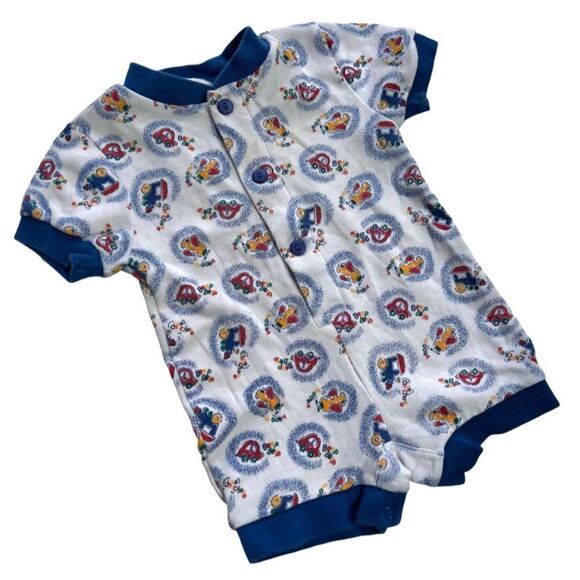 Vintage 1990s Planes Trains Automobiles Vroom Beep Choo Choo Playsuit Romper - Picture 1 of 7
